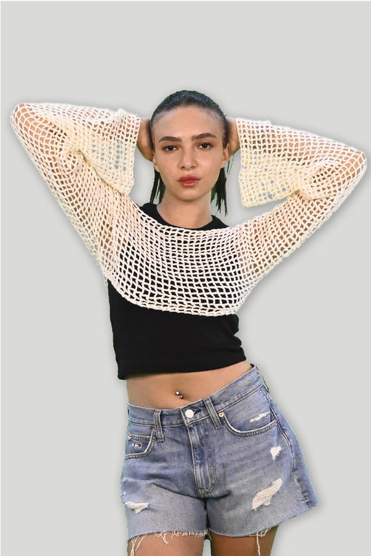 Mesh Long-Sleeve Crochet Crop Top - Off-White