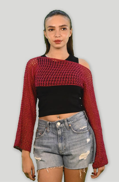 Mesh Long-Sleeve Crochet Crop Top - Fuchsia