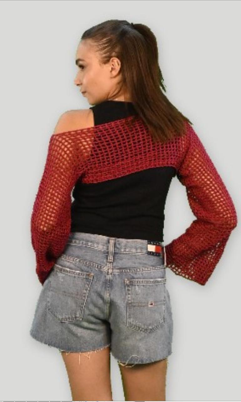 Mesh Long-Sleeve Crochet Crop Top - Fuchsia