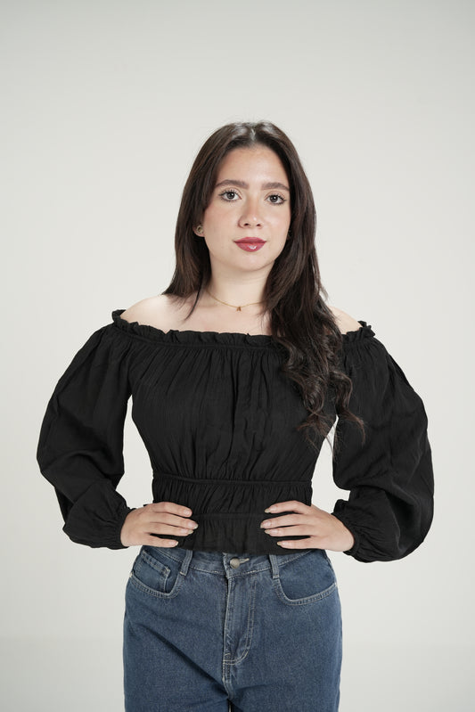 Off-Shoulder Puffed sleeve Top - Black